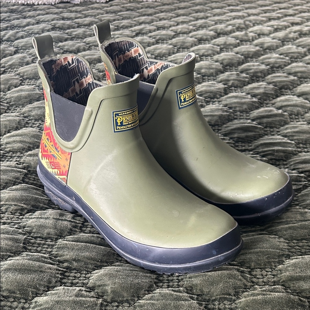 Pendleton Olive Ankle Boots with Patterned Trim - image 3